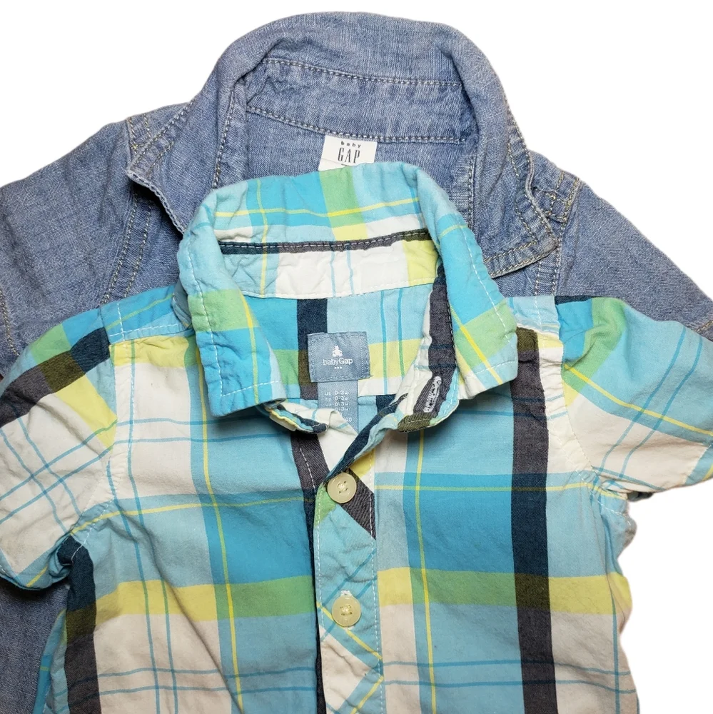 Gap Baby 0-3m chambray and blue plaid button down shirt shortalls romper set